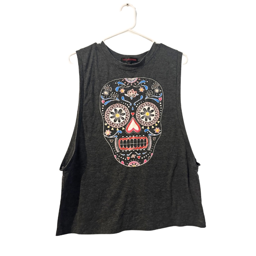Gray Sleeveless Muscle Tee with Pink Graphic